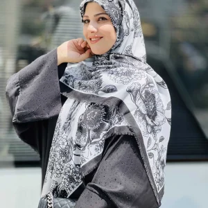گیس بانو روسری سیا اسکارف گل رز نارنجی